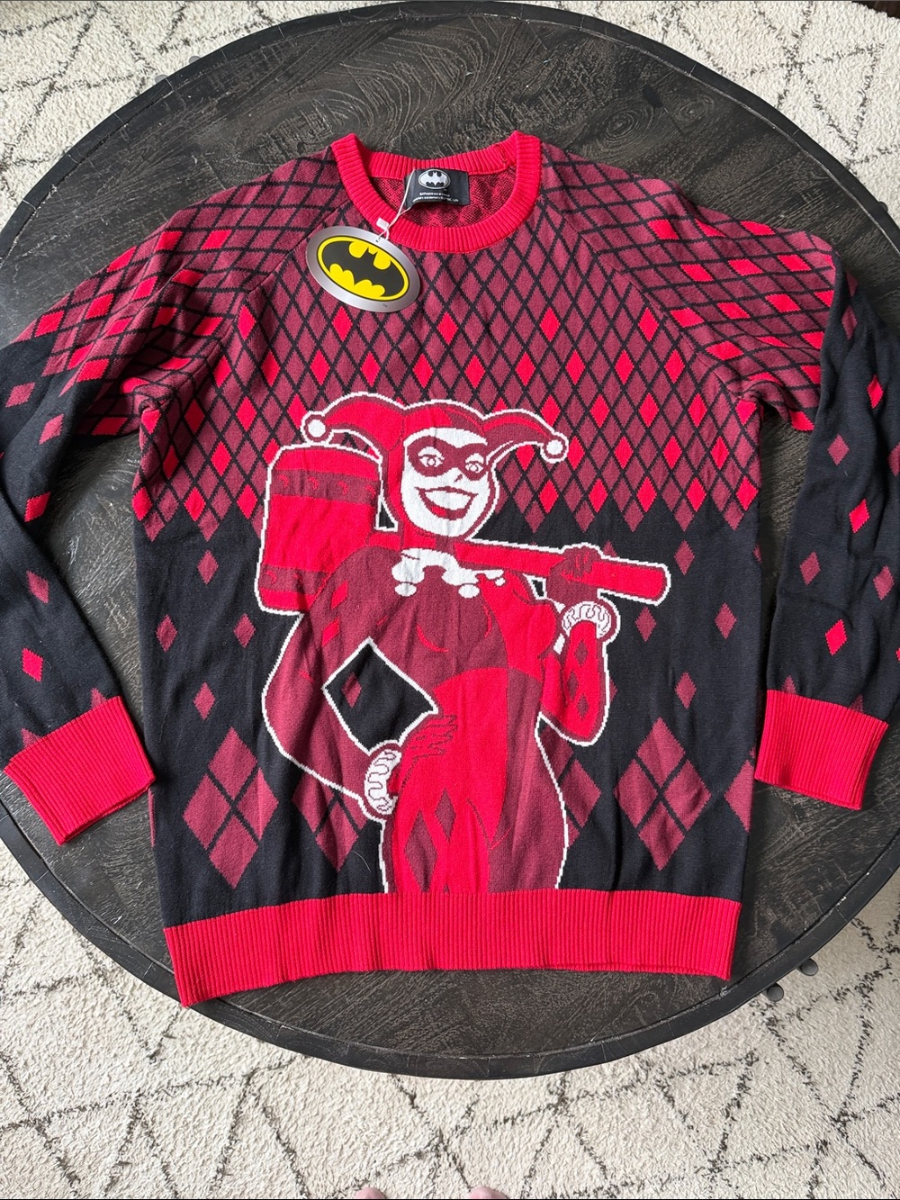Batman Women’s Crewneck Sweater in Red and Black with Harley Quinn Motif
